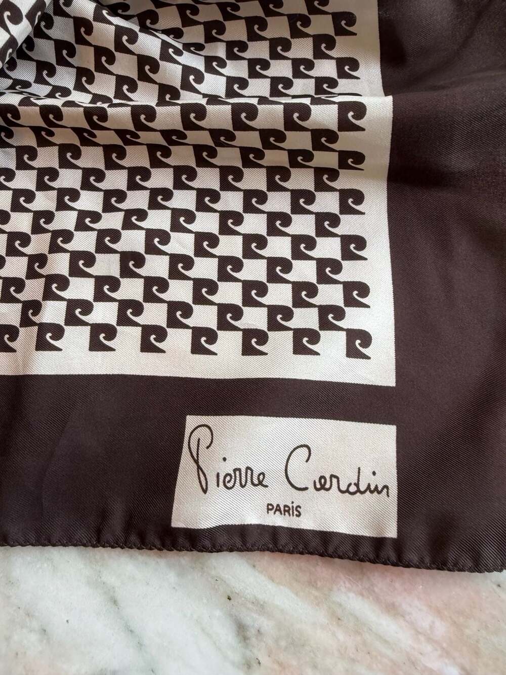 Vintage Pierre Cardin Paris Logo Print Square Scarf in Chocolate Brown and Cream